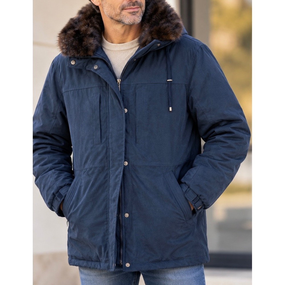 Mackintosh New England Mens Navy Blue Faux Fur Trim Hooded Parka Jacket Small